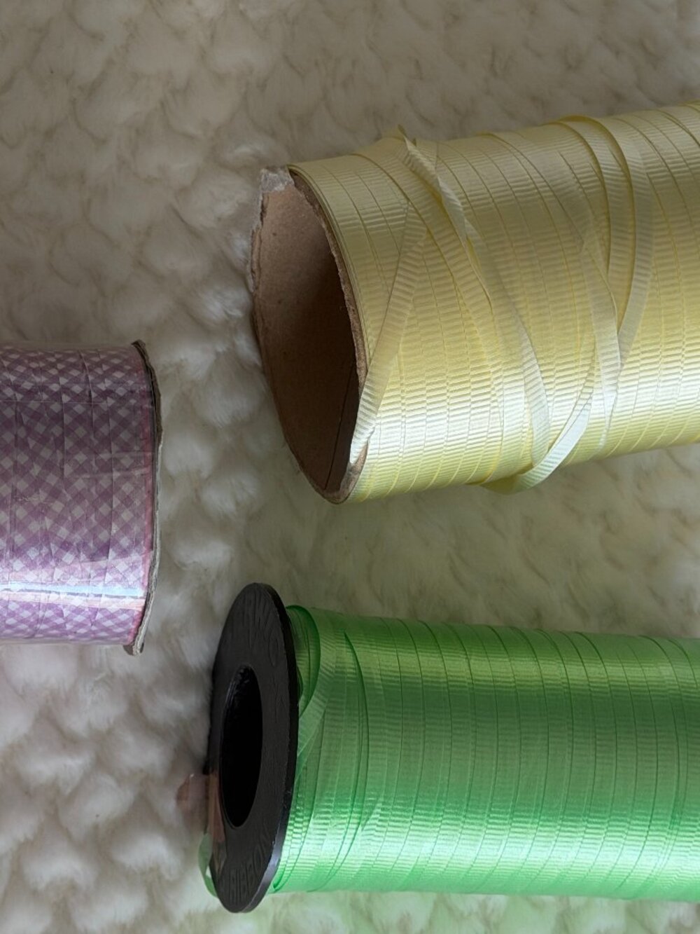 Curling Ribbon Lot (3)- Green, Yellow, Purple/White Plaid